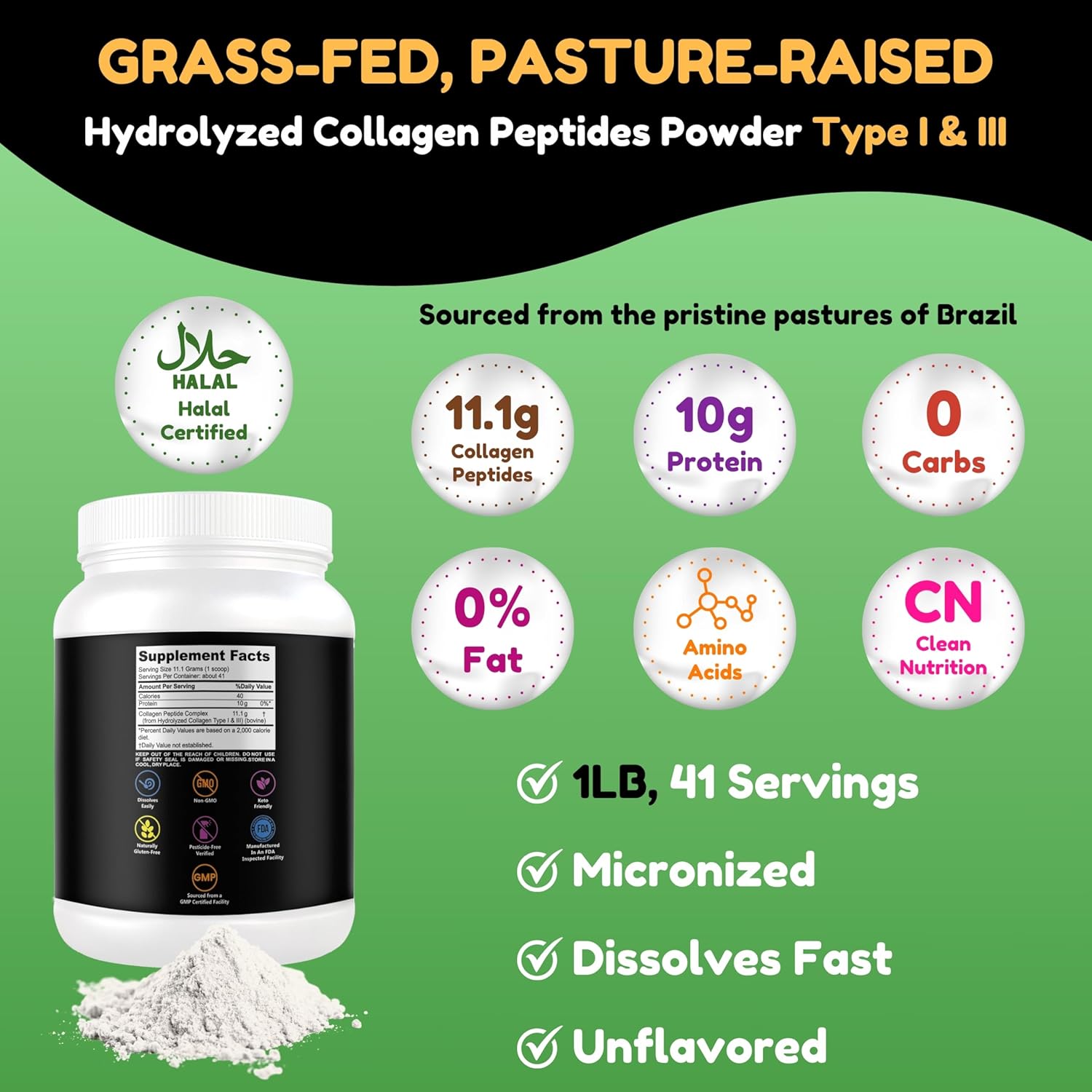 Halal & Grass Fed Collagen Peptides Powder 1 lb - Hydrolyzed Type I & III for Hair, Skin, Nails, Joints - Keto & Paleo Friendly - Unflavored, Sugar & Gluten Free