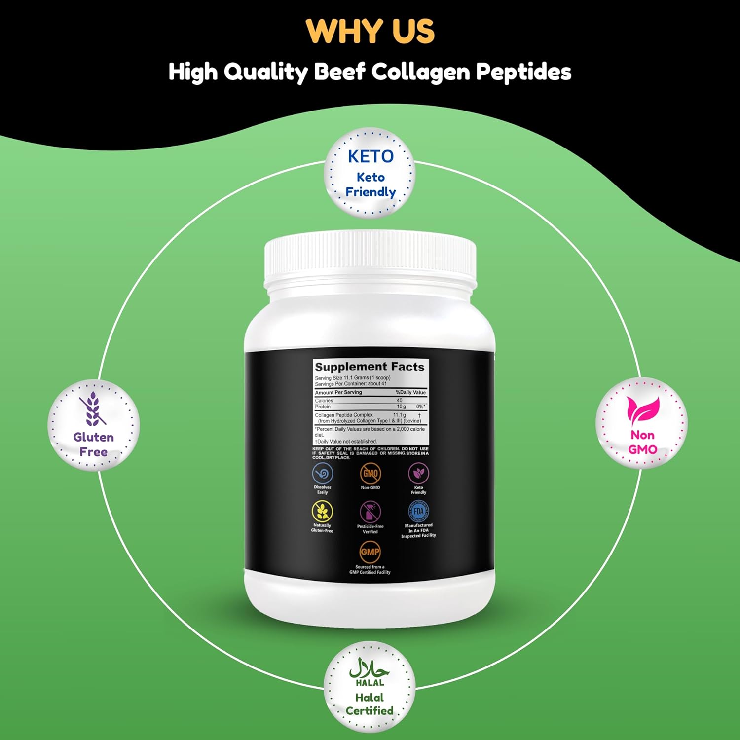 Halal & Grass Fed Collagen Peptides Powder 1 lb - Hydrolyzed Type I & III for Hair, Skin, Nails, Joints - Keto & Paleo Friendly - Unflavored, Sugar & Gluten Free