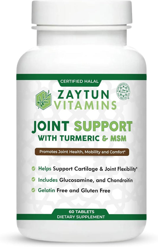 Halal Joint Support Vitamins with Turmeric & Glucosamine for Mobility & Flexibility - 1 Month Supply, Gluten-Free, Gelatin-Free, Made in USA