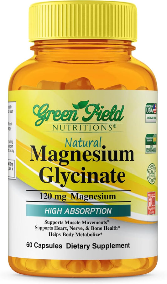 Halal Magnesium Glycinate Capsules - 120mg Pure Supplement for Nerve, Heart, Bones & Muscles - Gluten Free - Greenfield Nutritions