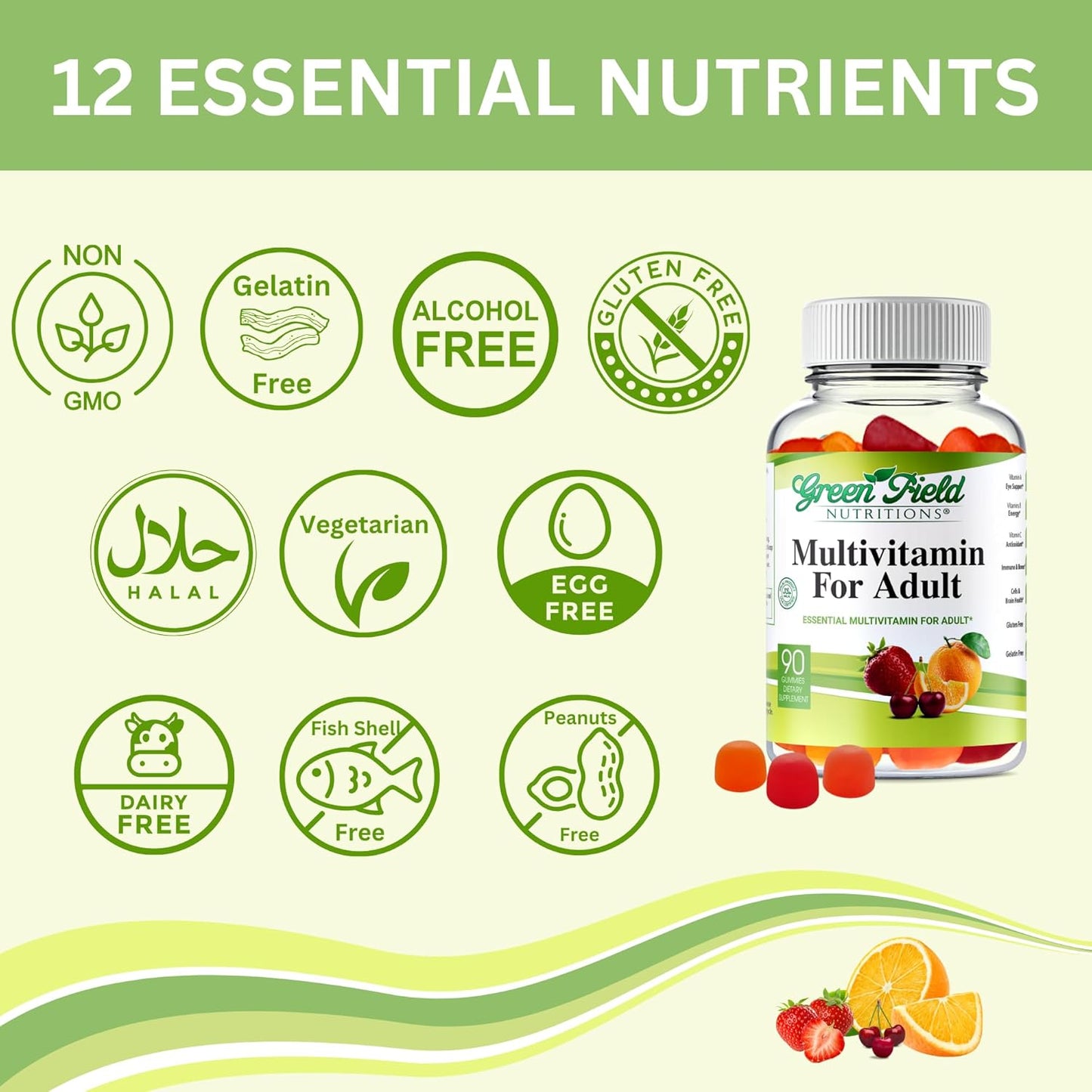 Halal Multivitamins for Adults | Greenfield Nutritions | 90 Gelatin-Free Gummy Vitamins with Essential Nutrients for Men & Women