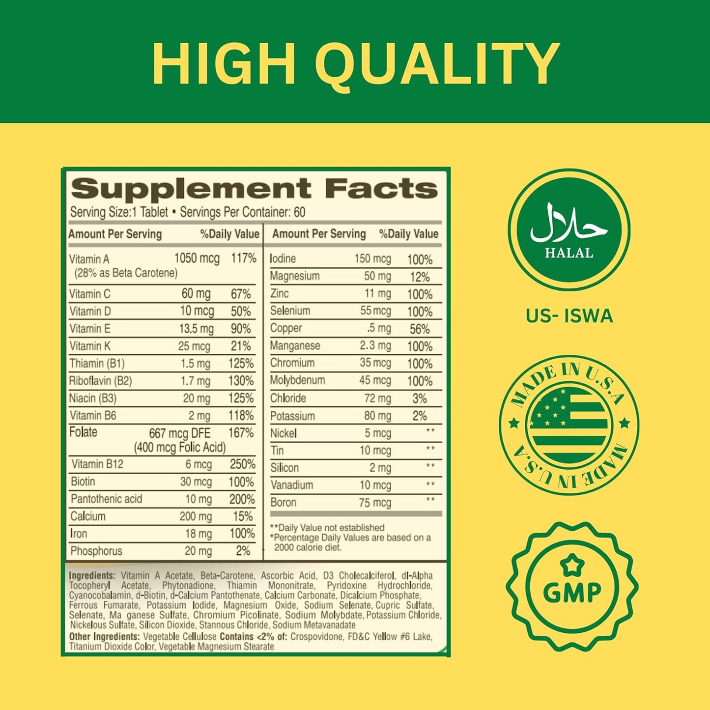 Halal Multivitamins for Women and Men - 60 Gelatin Free Tablets with 27+ Vitamins and Minerals - Supports Immunity and Overall Health