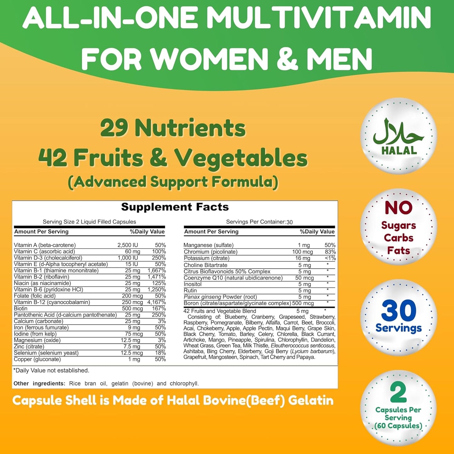 Halal Multivitamins for Women, Men & Adults with Iron, Vitamin C, D3, Zinc, Calcium, Folic Acid, CoQ10 | 30 Servings