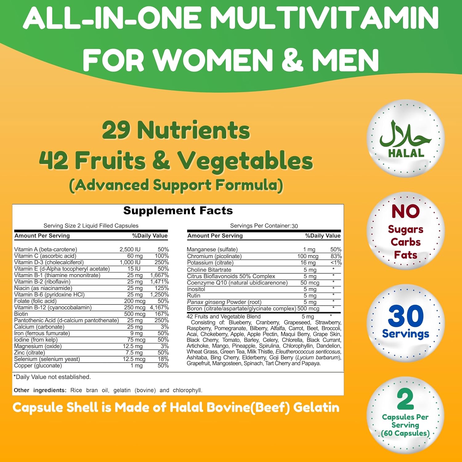 Halal Multivitamins for Women, Men & Adults with Iron, Vitamin C, D3, Zinc, Calcium, Folic Acid, CoQ10 | 30 Servings