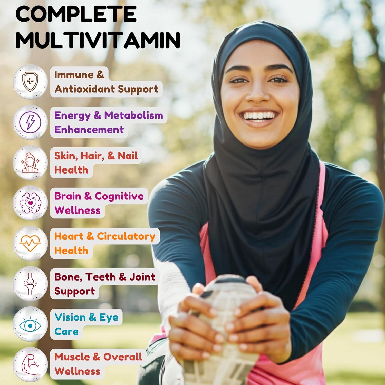 Halal Multivitamins for Women, Men & Adults with Iron, Vitamin C, D3, Zinc, Calcium, Folic Acid, CoQ10 | 30 Servings