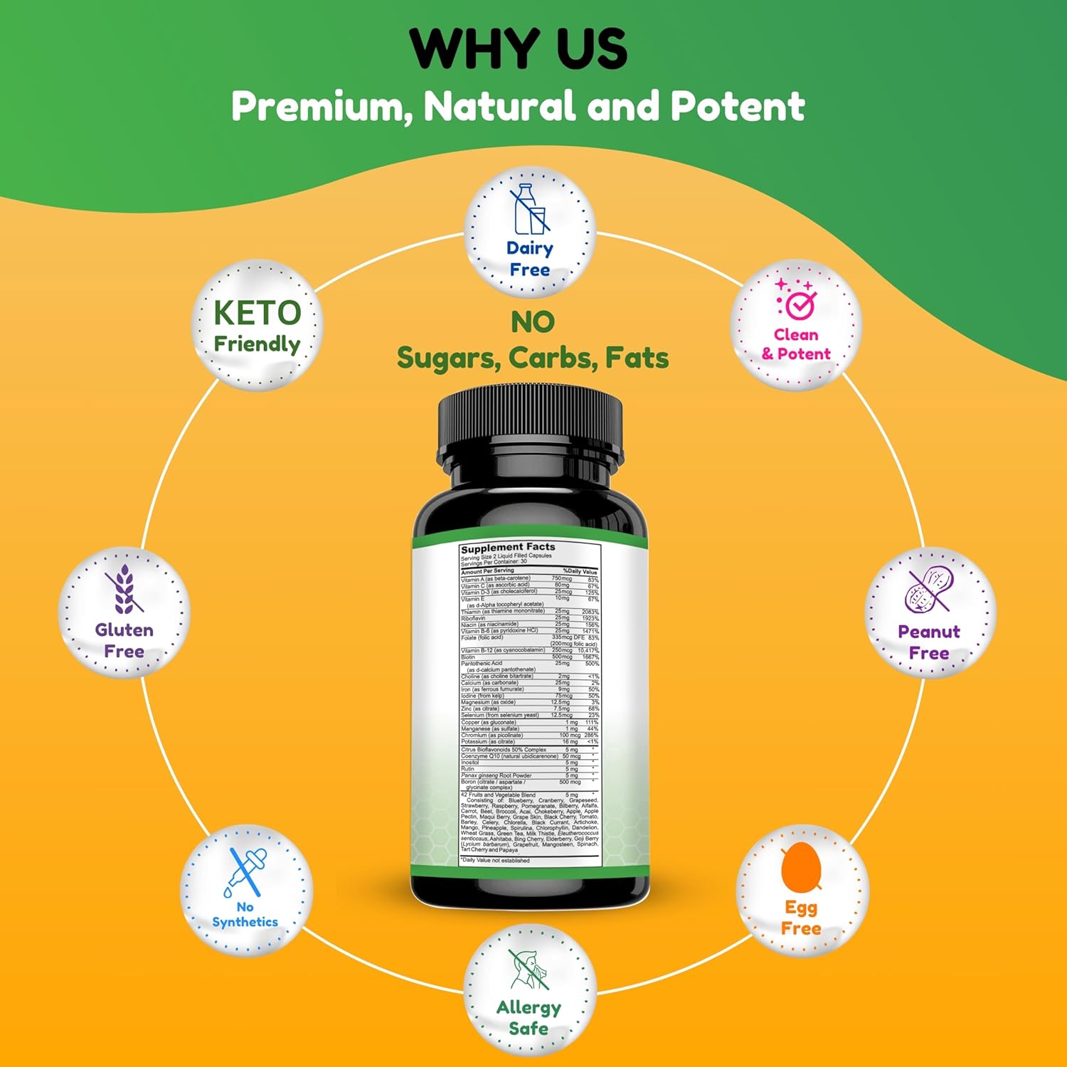 Halal Multivitamins for Women, Men & Adults with Iron, Vitamin C, D3, Zinc, Calcium, Folic Acid, CoQ10 | 30 Servings