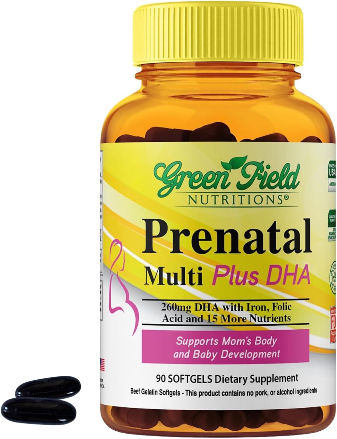 Halal Prenatal Vitamins with DHA, Folic Acid, and Iron - Essential Pregnancy Multivitamin - 90 Liquid Softgels for Mom to Be