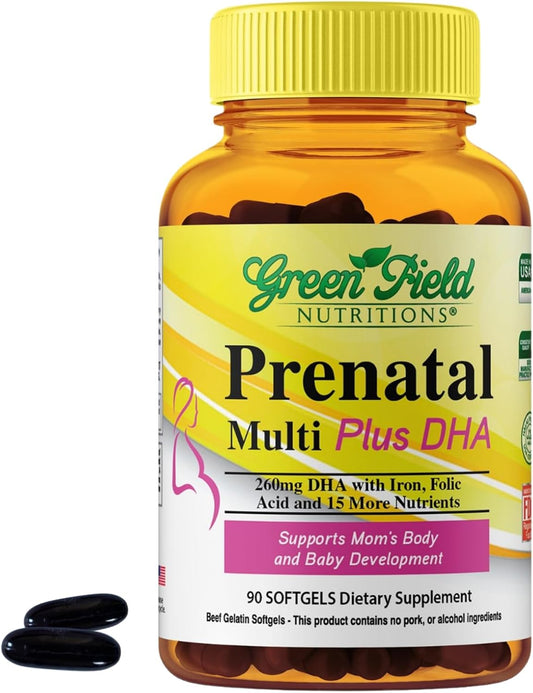 Halal Prenatal Vitamins with DHA, Folic Acid, and Iron - Essential Pregnancy Multivitamin - 90 Liquid Softgels for Mom to Be