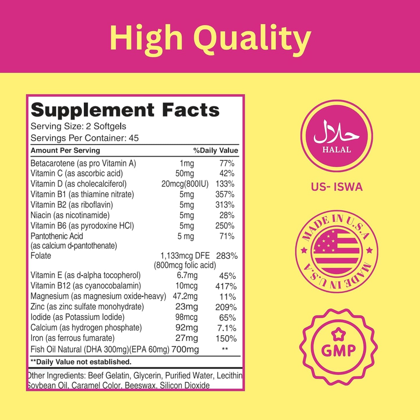 Halal Prenatal Vitamins with DHA, Folic Acid, and Iron - Essential Pregnancy Multivitamin - 90 Liquid Softgels for Mom to Be