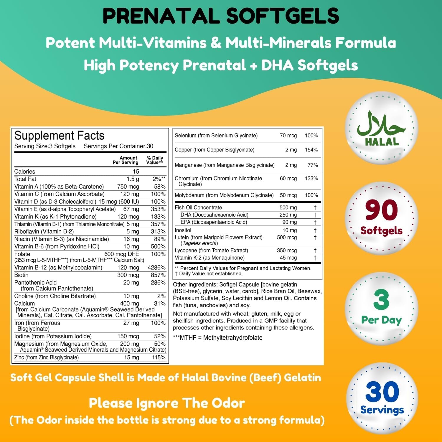 Halal Prenatal Vitamins with DHA, Folic Acid, and Vitamin C | High Potency Softgels for Pregnancy | Keto-Friendly Formula with Biotin & Iodine