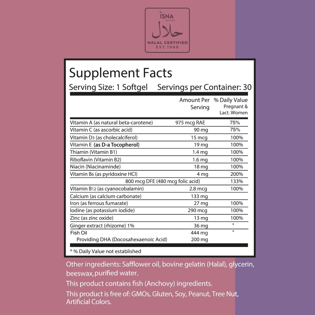 Halal Prenatal Vitamins with DHA, Folic Acid, Ginger, and Iron - 1 Month Supply for Pre/During/Post Pregnancy - BoostGo Australia