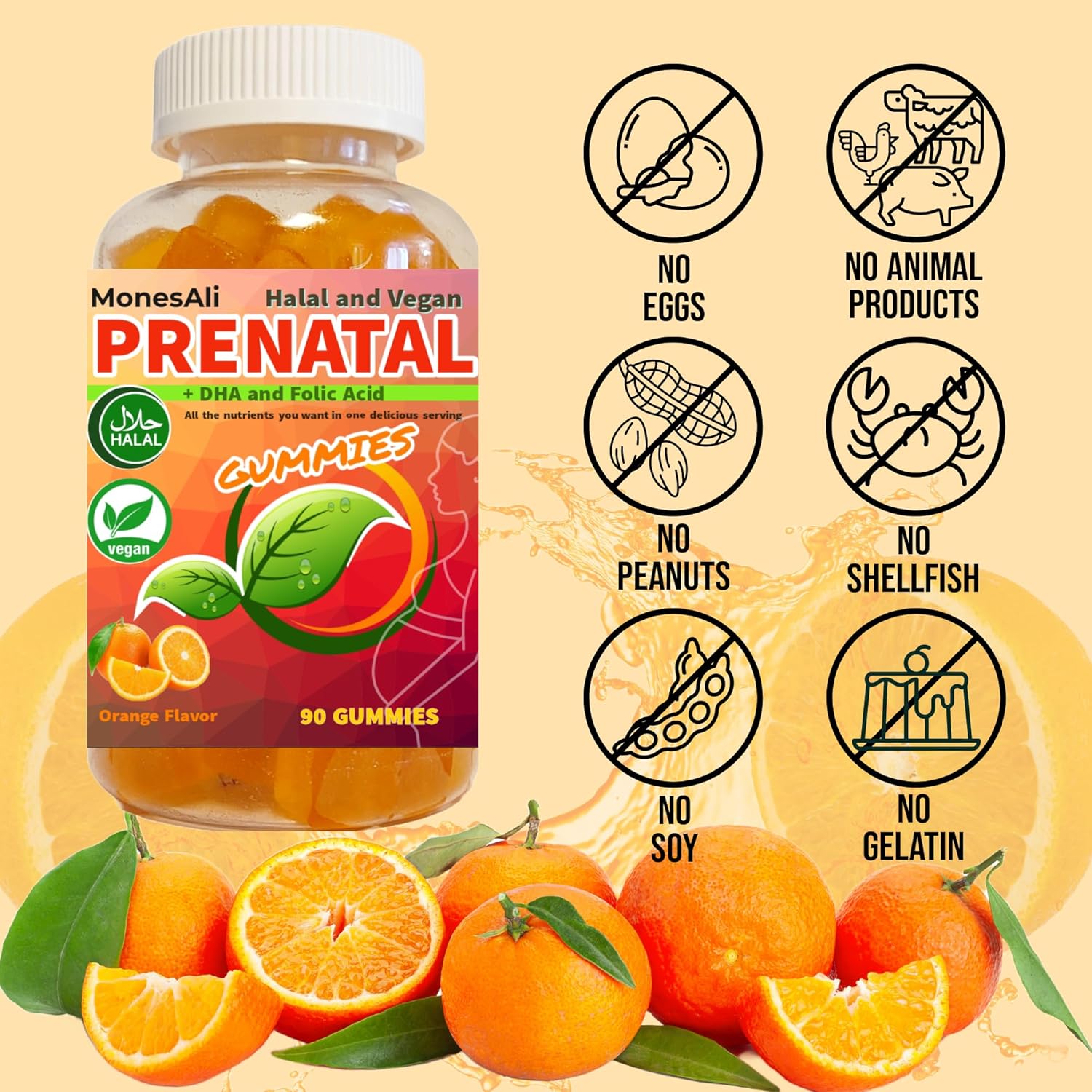 Halal Vegan Prenatal Vitamins Gummies with Iron, DHA, Folate, and Folic Acid - 90 Count
