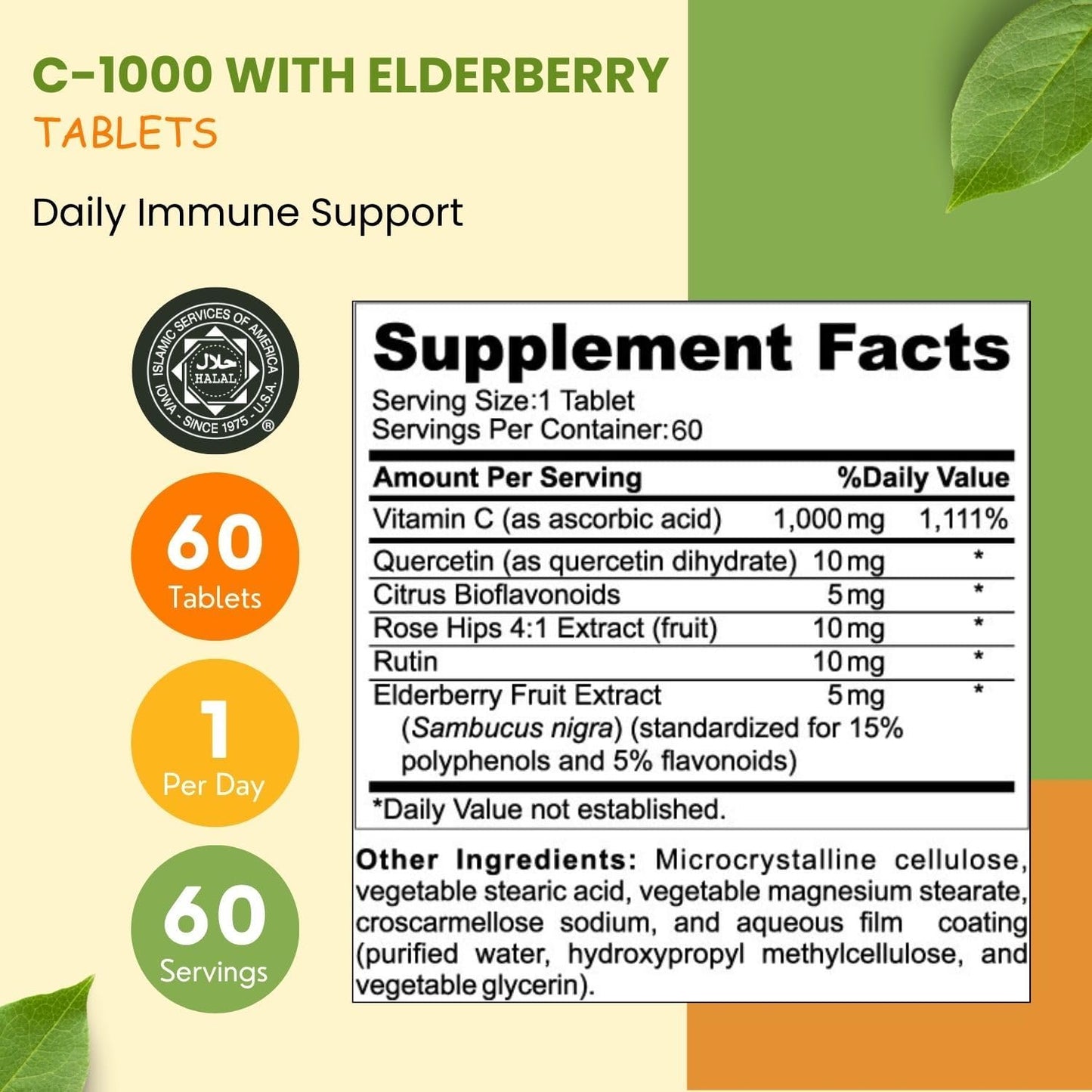 Halal Vitamin C-1000mg Tablets for Immune Support - 60 Days Supply with Elderberry, Quercetin, Rose HIPS & Rutin - Vegetarian, Non-GMO, Sugar Free & Keto Friendly
