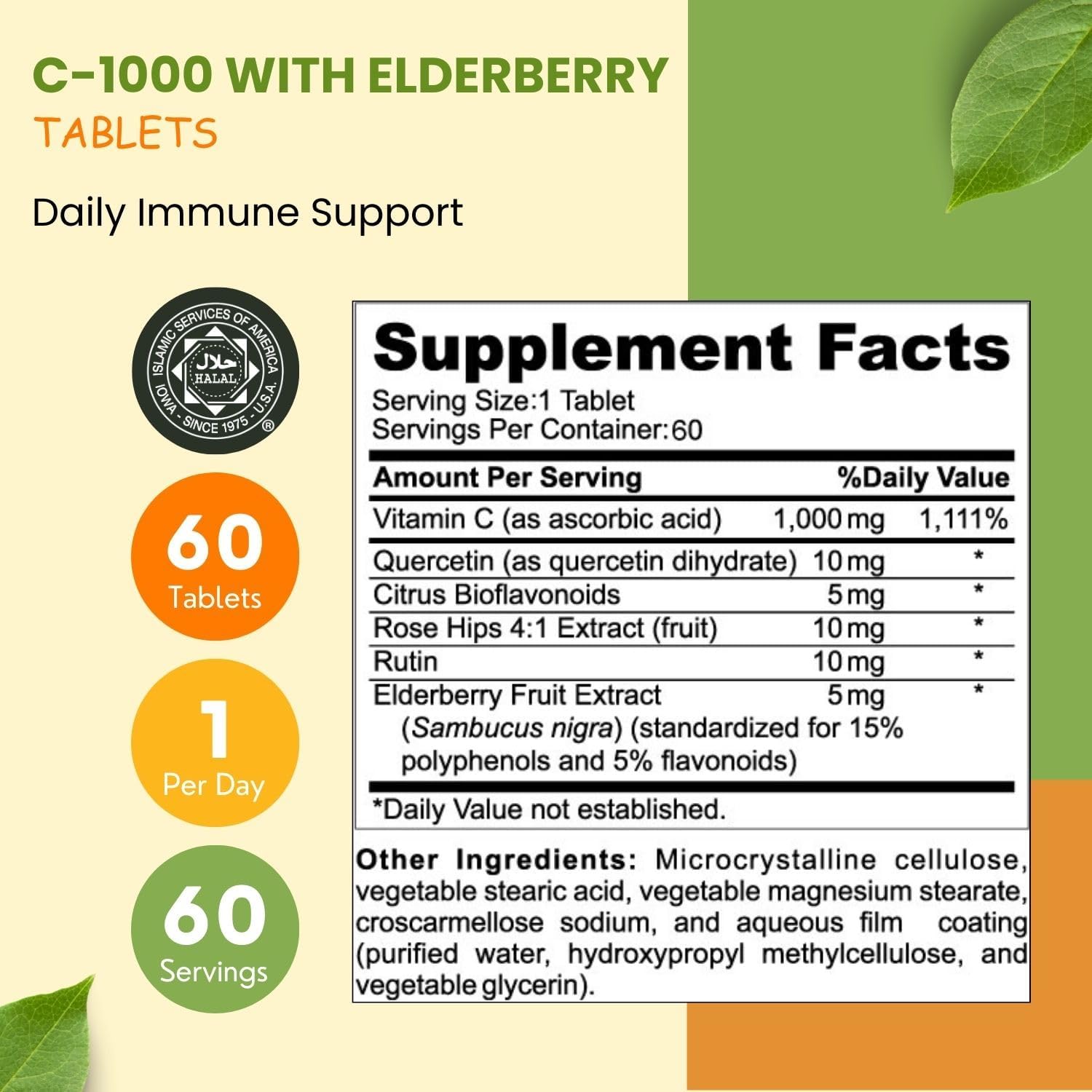 Halal Vitamin C-1000mg Tablets for Immune Support - 60 Days Supply with Elderberry, Quercetin, Rose HIPS & Rutin - Vegetarian, Non-GMO, Sugar Free & Keto Friendly