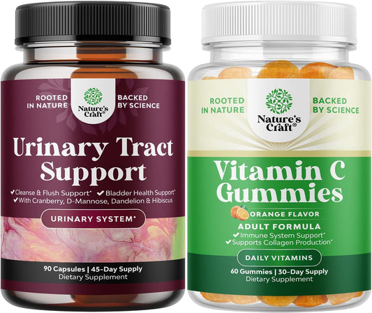 Halal Vitamin C Gummies & D-Mannose Capsules Bundle for Women's Urinary Tract Health - Fast-Acting Cranberry Supplement - 90ct
