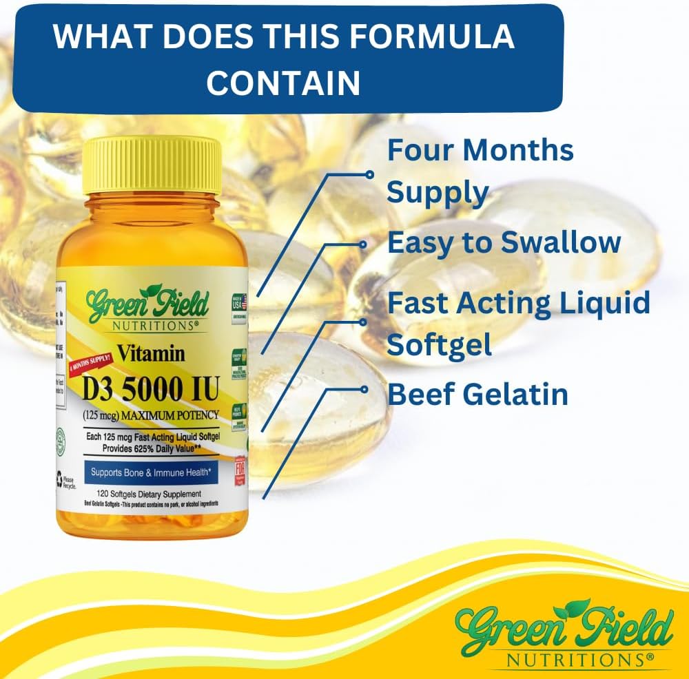 Halal Vitamin D3 5000 IU Softgel - High Potency Halal Vitamins for Immune Bone Health - 120 Unflavored Softgels