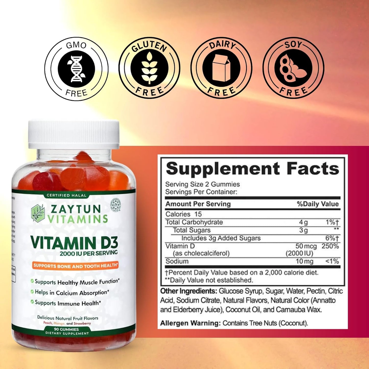 Halal Vitamin D3 Gummies 2000 IU for Bone, Immune Health & Muscle Function - 90 Fruit Flavored Gummies USA Made by Zaytun Vitamins