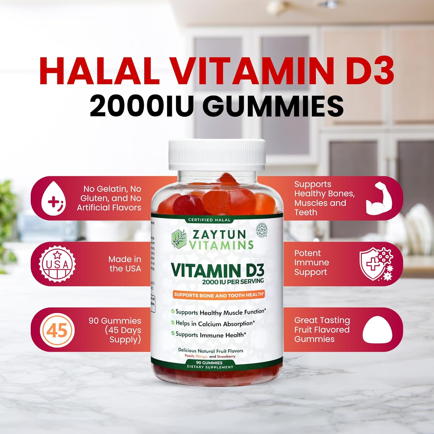 Halal Vitamin D3 Gummies 2000 IU for Bone, Immune Health & Muscle Function - 90 Fruit Flavored Gummies USA Made by Zaytun Vitamins