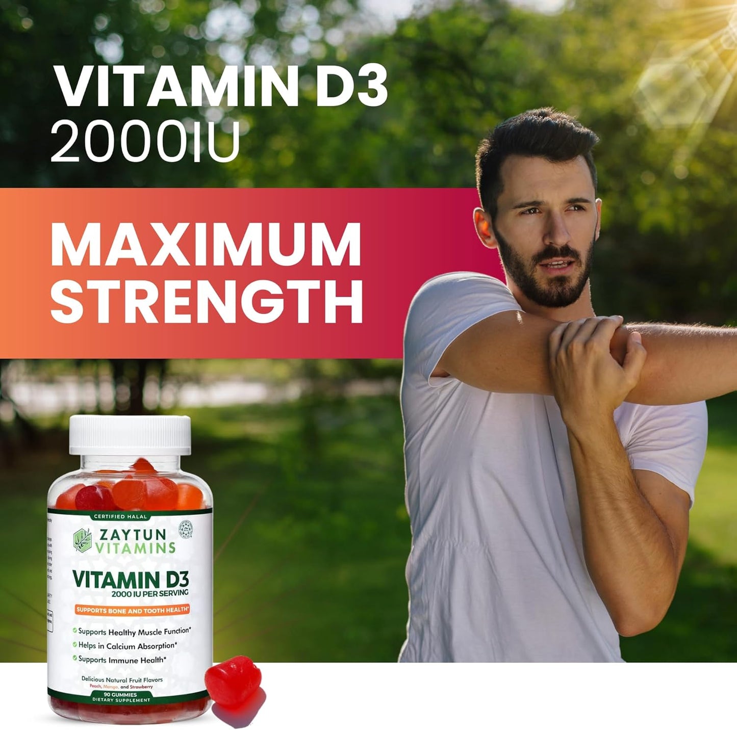 Halal Vitamin D3 Gummies 2000 IU for Bone, Immune Health & Muscle Function - 90 Fruit Flavored Gummies USA Made by Zaytun Vitamins