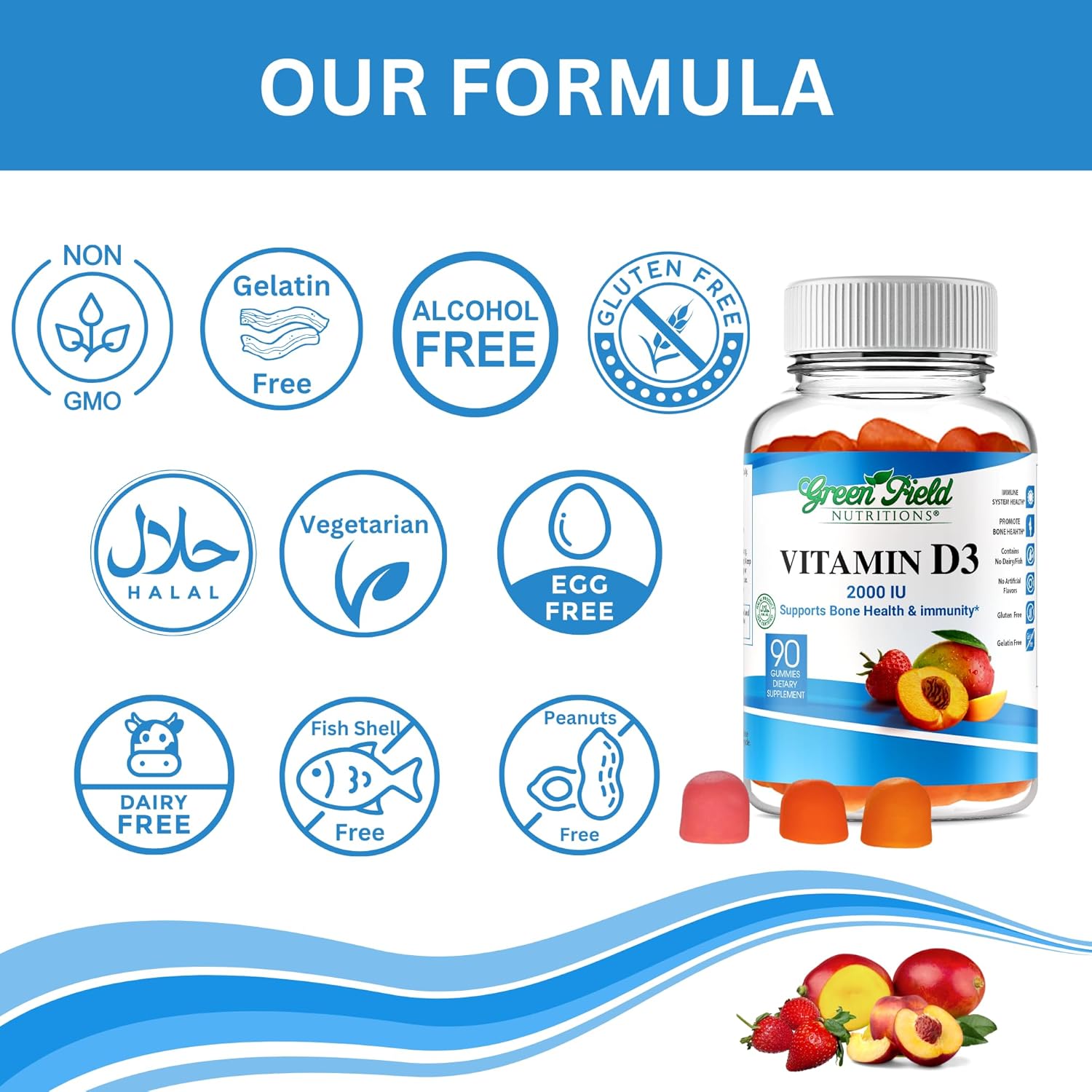 Halal Vitamin D3 Gummies for Adults - 2000 IU (50 mcg), 90 Gummy Halal Vitamins for Bone, Heart & Immune Health