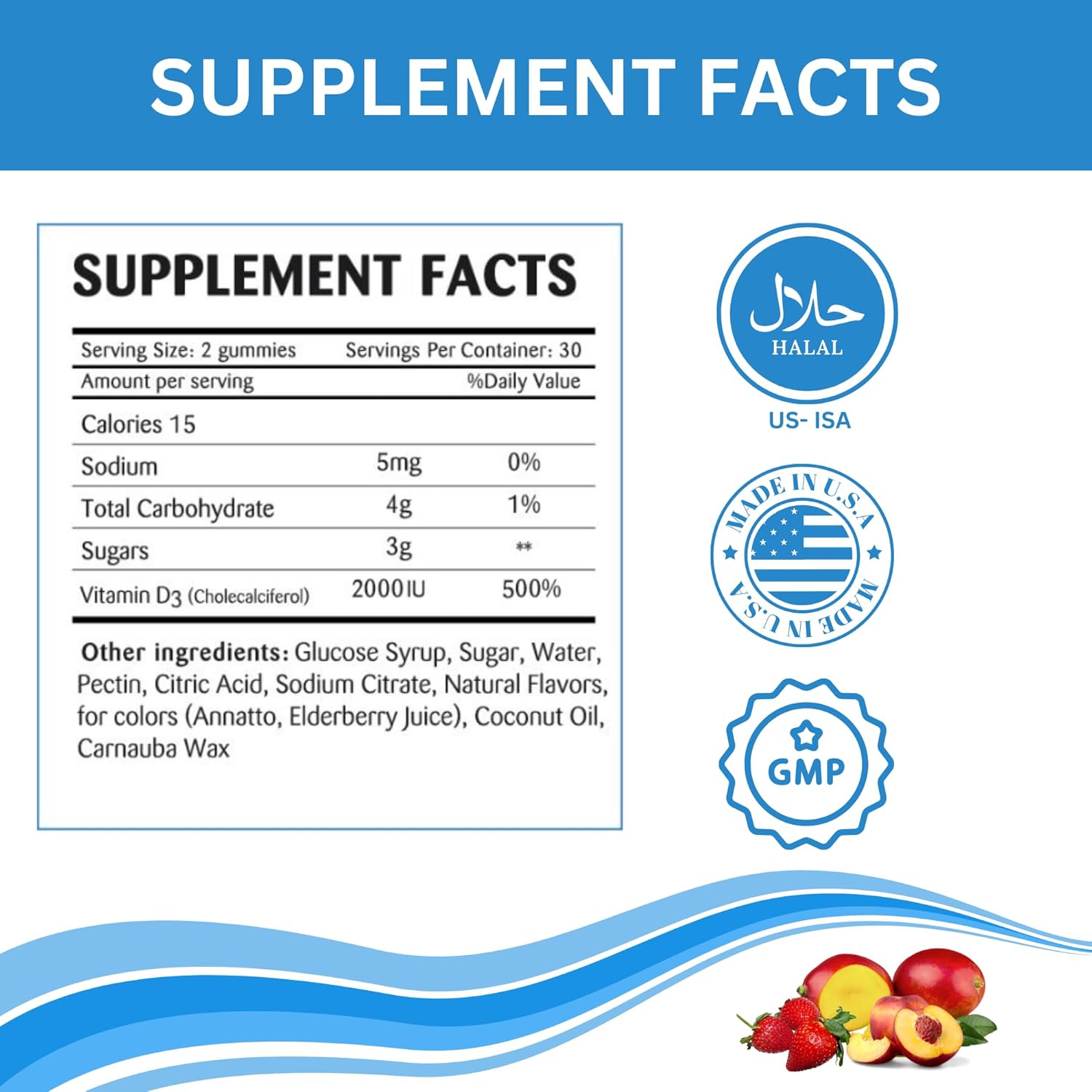 Halal Vitamin D3 Gummies for Adults - 2000 IU (50 mcg), 90 Gummy Halal Vitamins for Bone, Heart & Immune Health