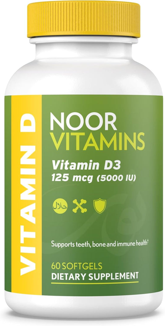 Halal Vitamin D3 Softgels 5000 IU for Bone, Immune & Heart Health - Non-GMO & Gluten Free (60 Count)