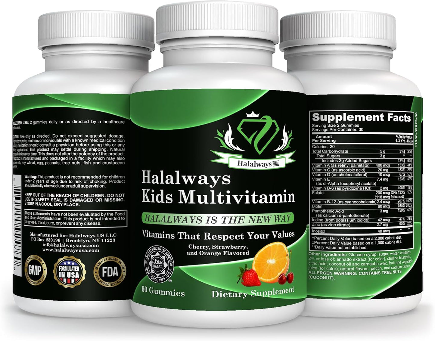 Halalways Kids Daily Gummy Multivitamin - Halal Certified with Vitamin C, D3 for Immune Support - Cherry, Strawberry, Orange Flavors - Halal Supplement