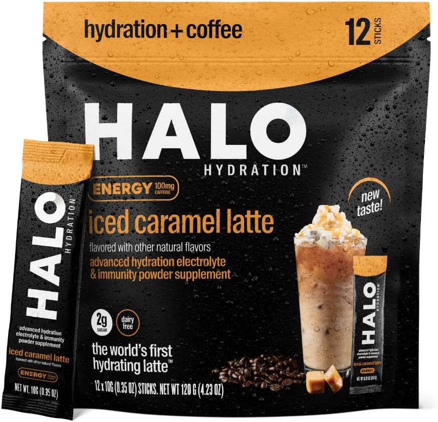 HALO Sport Iced Caramel Latte Energy Drink Powder - Healthy Coffee Mix with Electrolytes, Caffeine, Vitamins - 20 Calories - Keto & Low Calorie - 12 Stick Pack