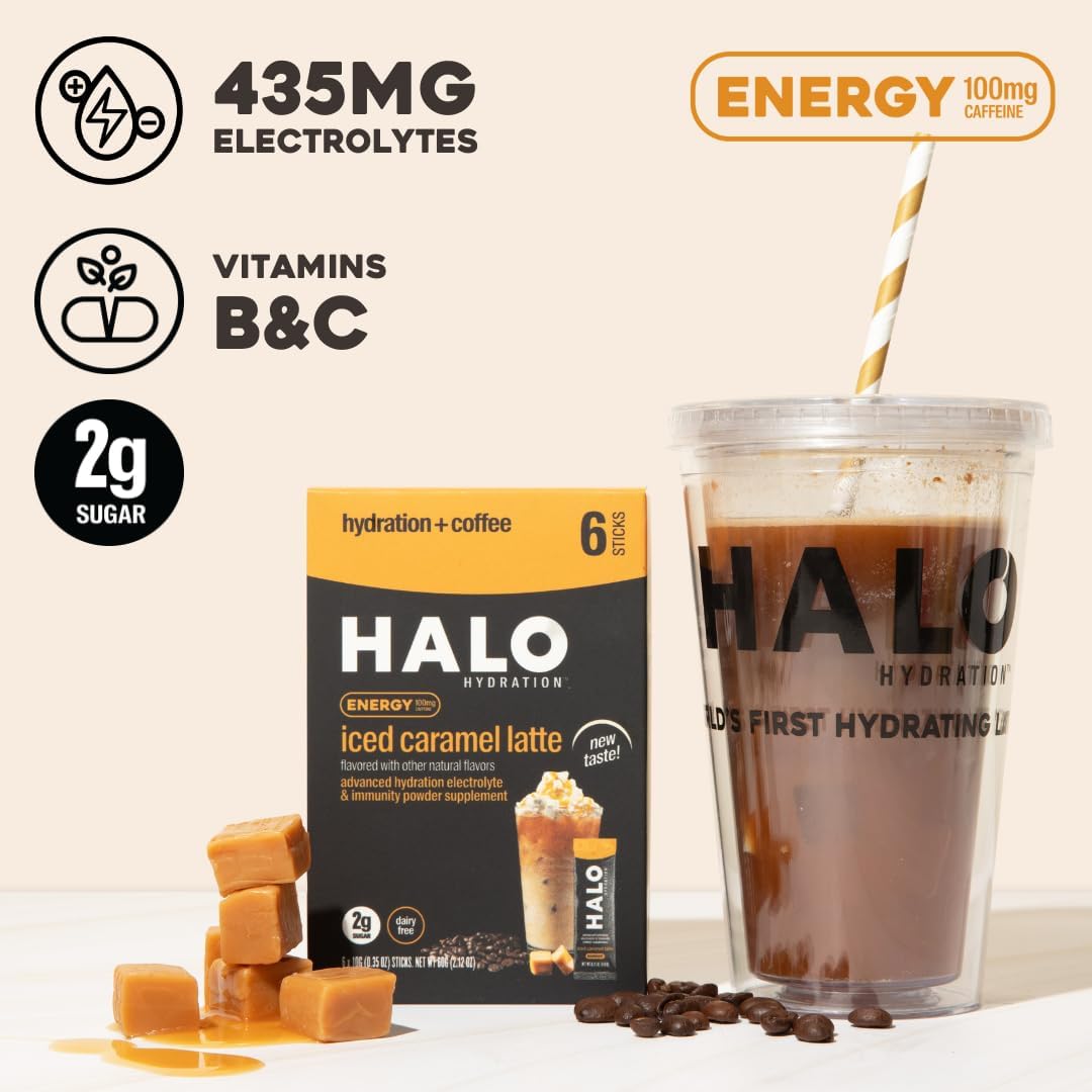 HALO Sport Iced Caramel Latte Energy Drink Powder - Healthy Coffee Mix with Electrolytes, Caffeine, Vitamins - 20 Calories - Keto & Low Calorie - 12 Stick Pack