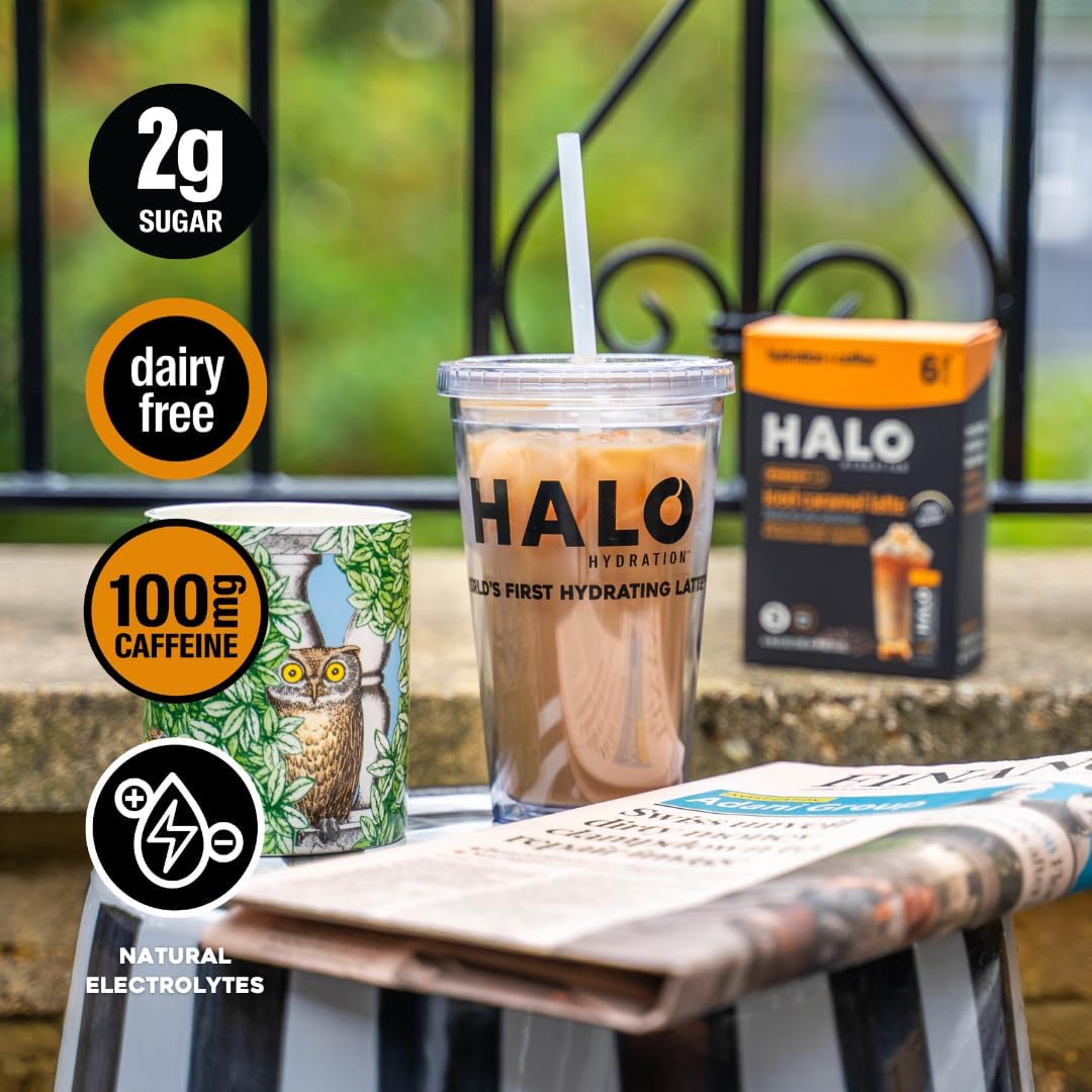 HALO Sport Iced Caramel Latte Energy Drink Powder - Healthy Coffee Mix with Electrolytes, Caffeine, Vitamins - 20 Calories - Keto & Low Calorie - 12 Stick Pack