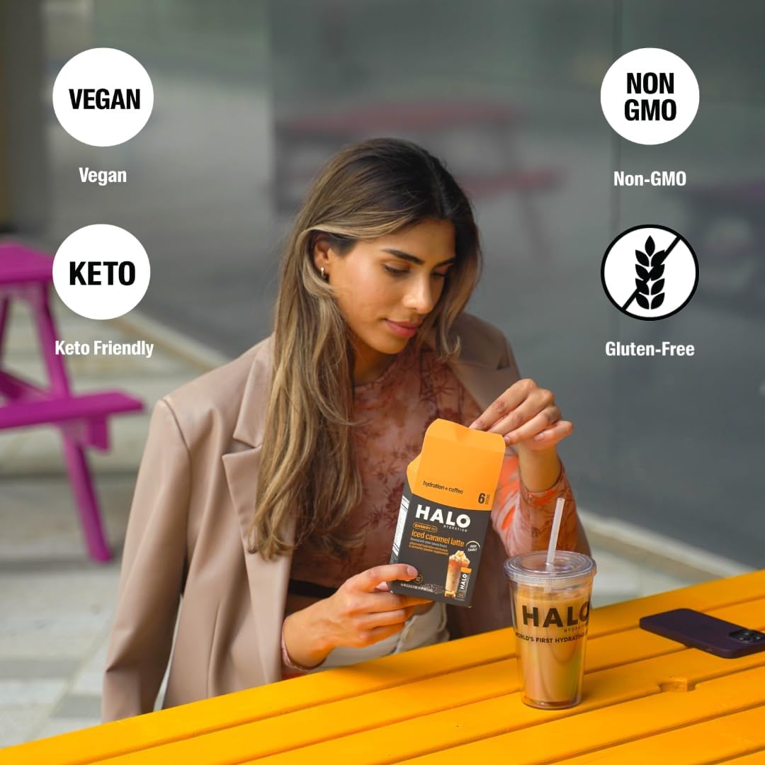 HALO Sport Iced Caramel Latte Energy Drink Powder - Healthy Coffee Mix with Electrolytes, Caffeine, Vitamins - 20 Calories - Keto & Low Calorie - 12 Stick Pack