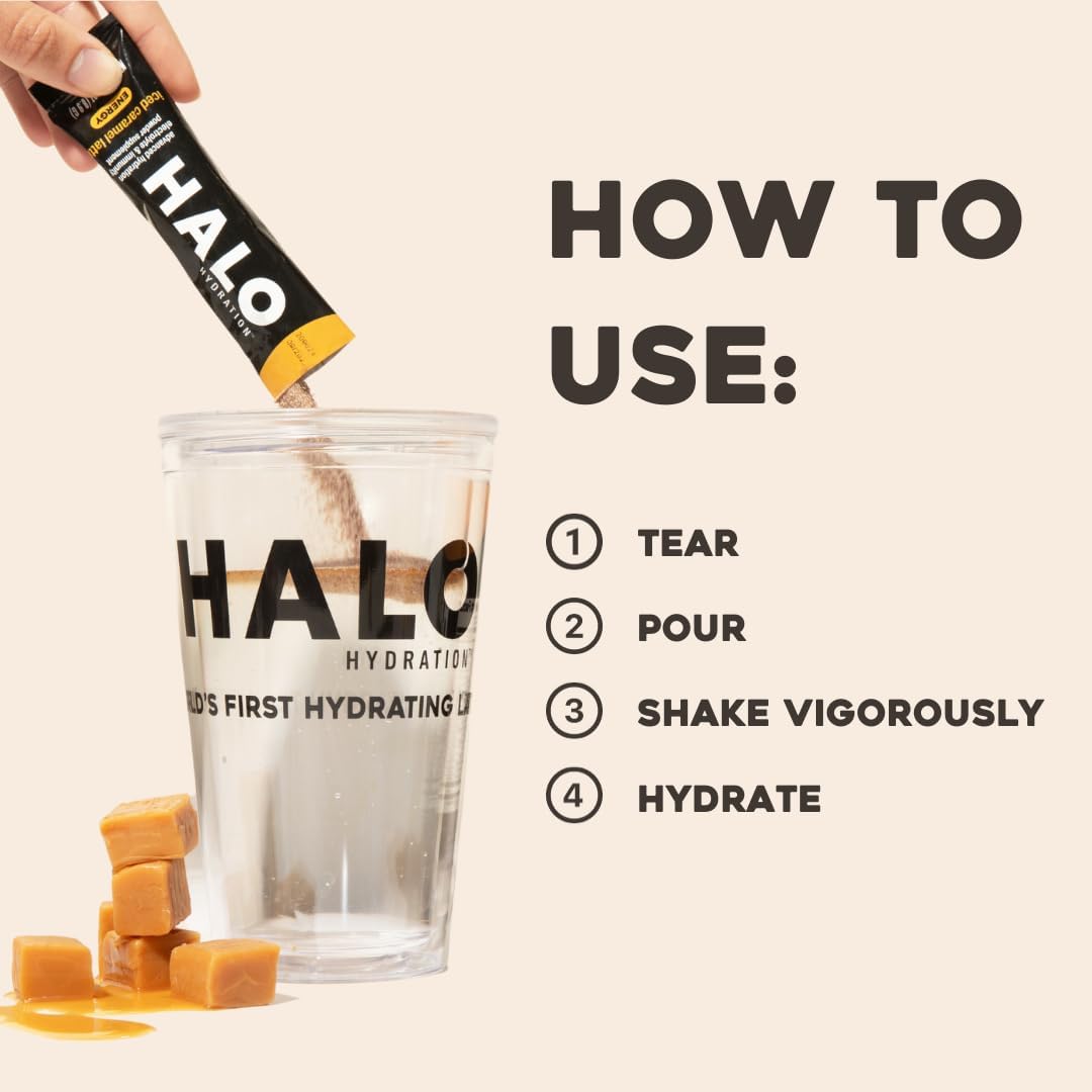 HALO Sport Iced Caramel Latte Energy Drink Powder - Healthy Coffee Mix with Electrolytes, Caffeine, Vitamins - 20 Calories - Keto & Low Calorie - 12 Stick Pack