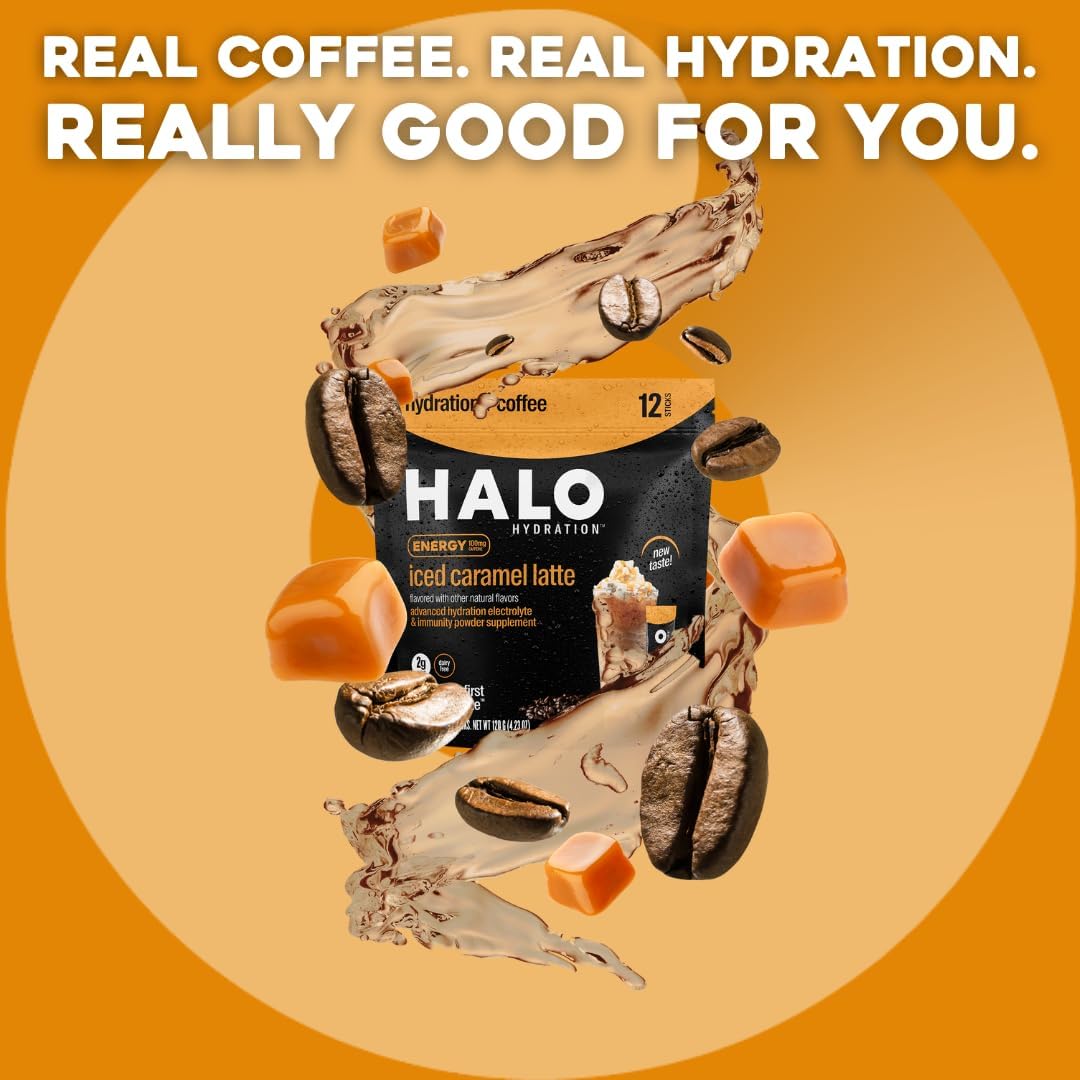 HALO Sport Iced Caramel Latte Energy Drink Powder - Healthy Coffee Mix with Electrolytes, Caffeine, Vitamins - 20 Calories - Keto & Low Calorie - 12 Stick Pack