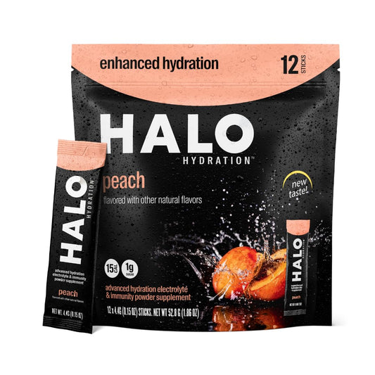 HALO Sport Peach Flavored Electrolyte Drink Mix Packets - Hydration Powder for Sports and Cycling (12 Sticks)