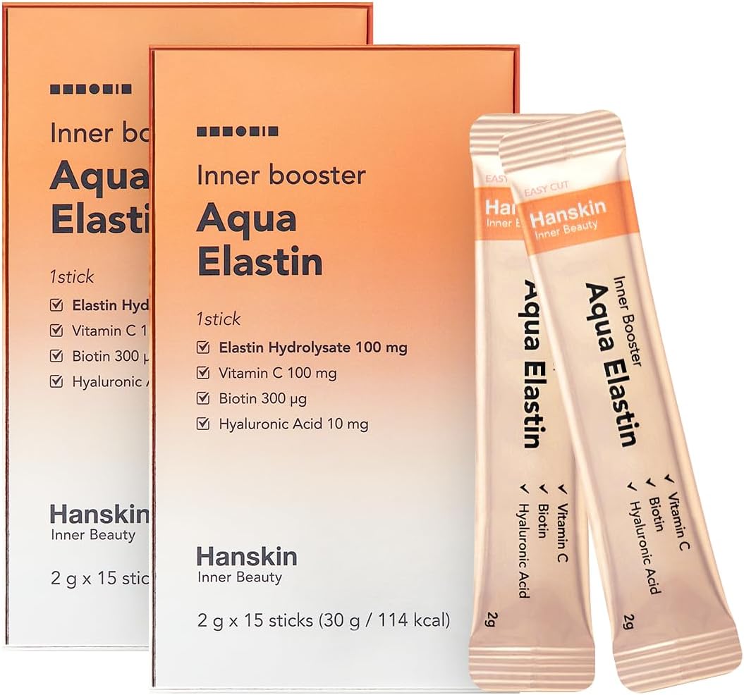 Hanskin Aqua Elastin Hyaluronic Acid Powder Packets with Biotin & Vitamin C for Skin, Hair & Nails - 30 Sticks