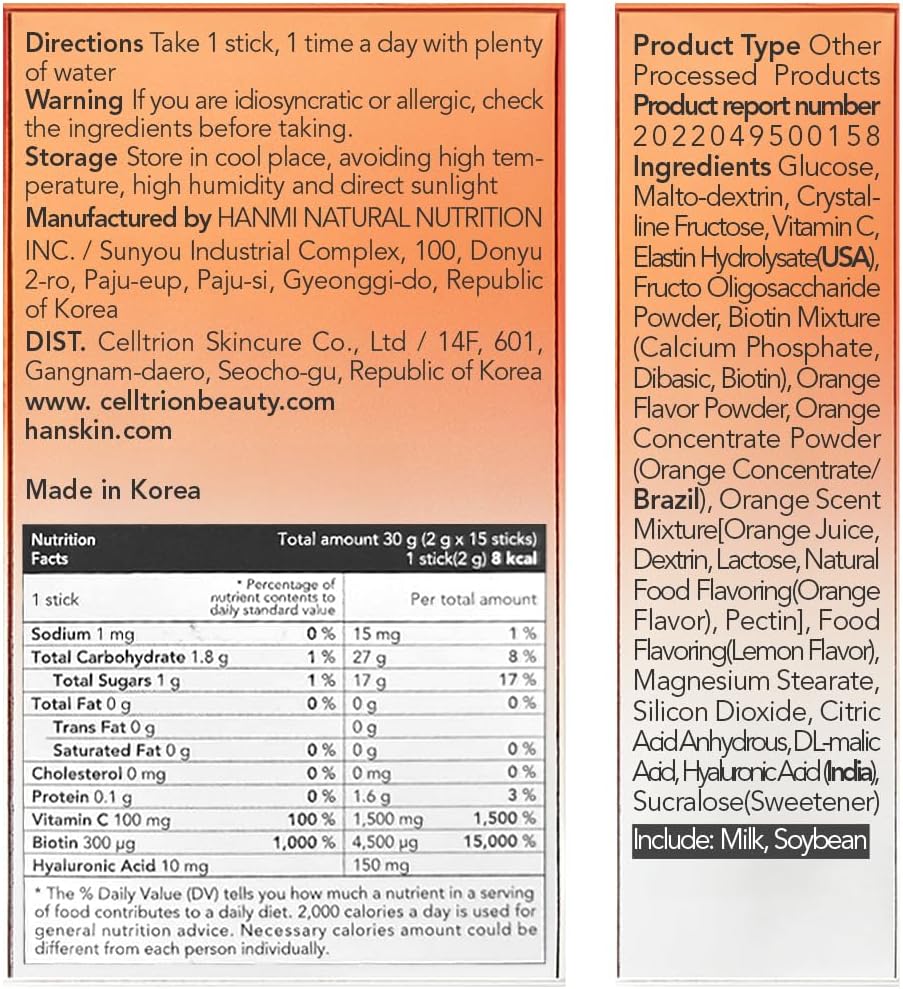 Hanskin Aqua Elastin Hyaluronic Acid Powder Packets with Biotin & Vitamin C for Skin, Hair & Nails - 30 Sticks