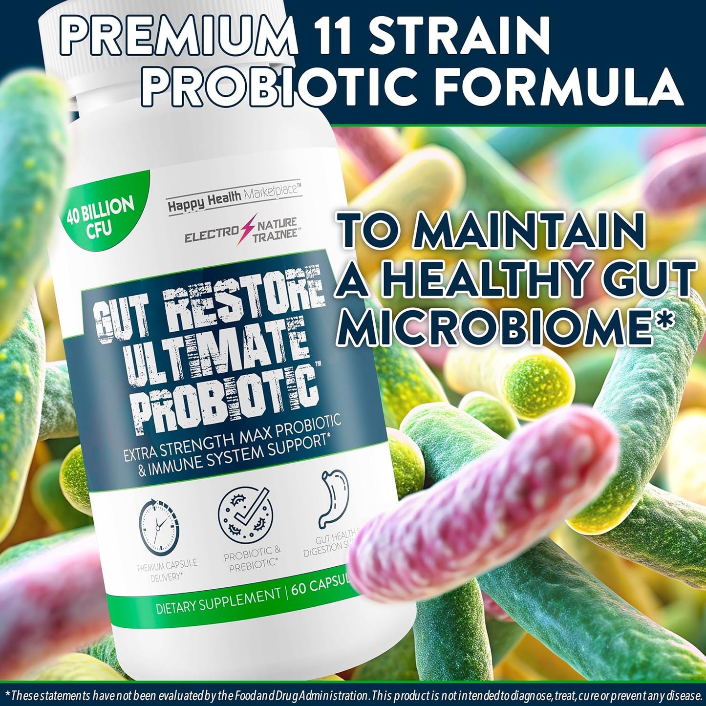 Happy Health Marketplace Gut Restore Ultimate Probiotic - Natural Immune & Blood Health Support for Improved Energy & Mood.