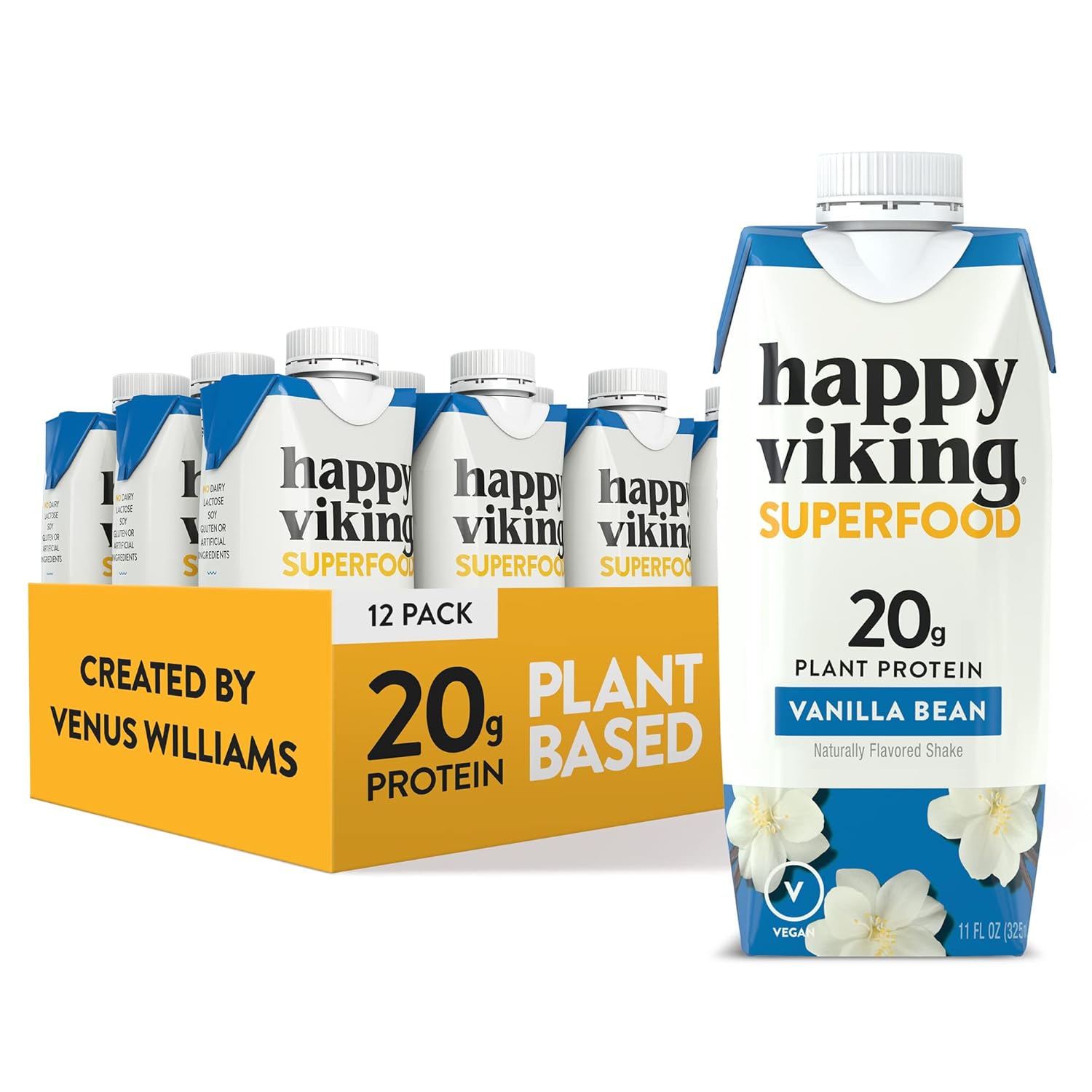 Happy Viking Vanilla Bean Vegan Plant Protein Shakes by Venus Williams - 20g Protein, Omega-3, 9 Amino Acids, BCAAs - Gluten-Free, Non-GMO, Ready to Drink - Pack of 12 (11oz)