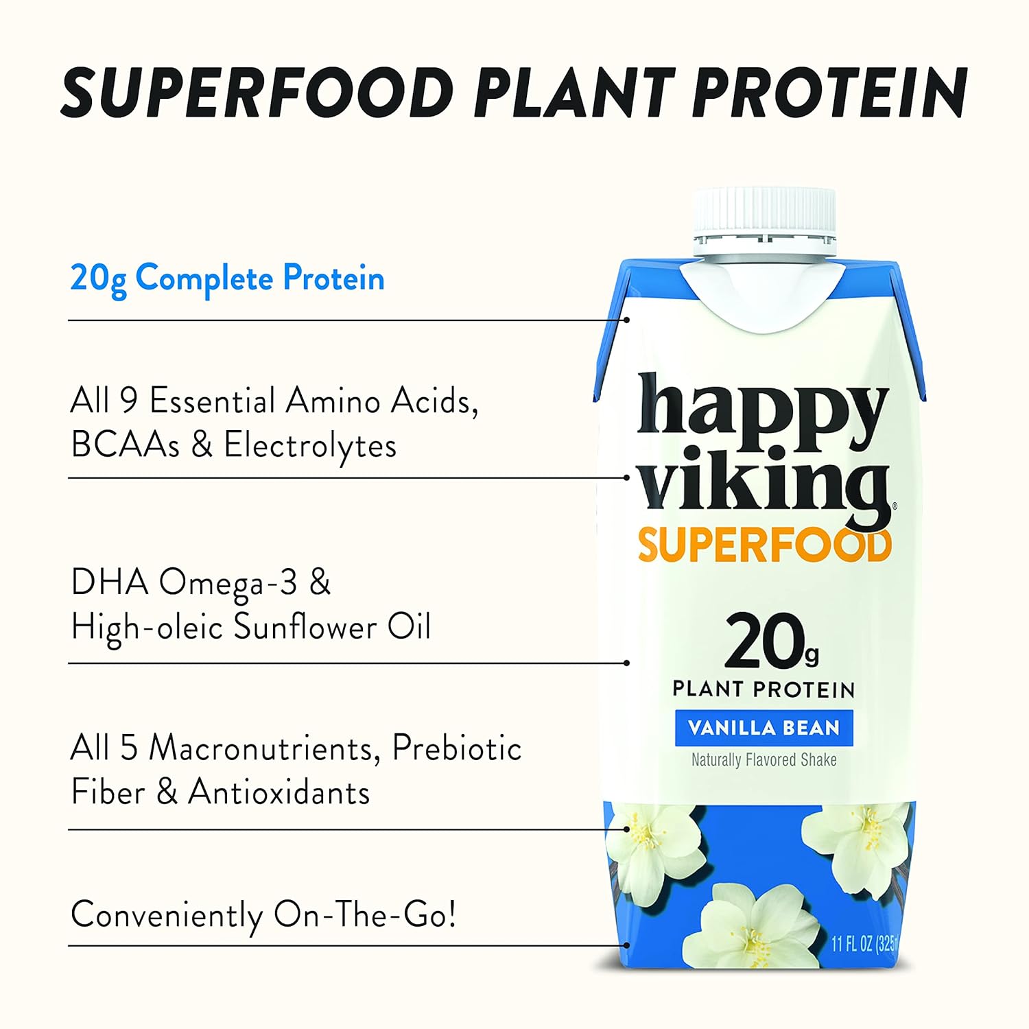 Happy Viking Vanilla Bean Vegan Plant Protein Shakes by Venus Williams - 20g Protein, Omega-3, 9 Amino Acids, BCAAs - Gluten-Free, Non-GMO, Ready to Drink - Pack of 12 (11oz)