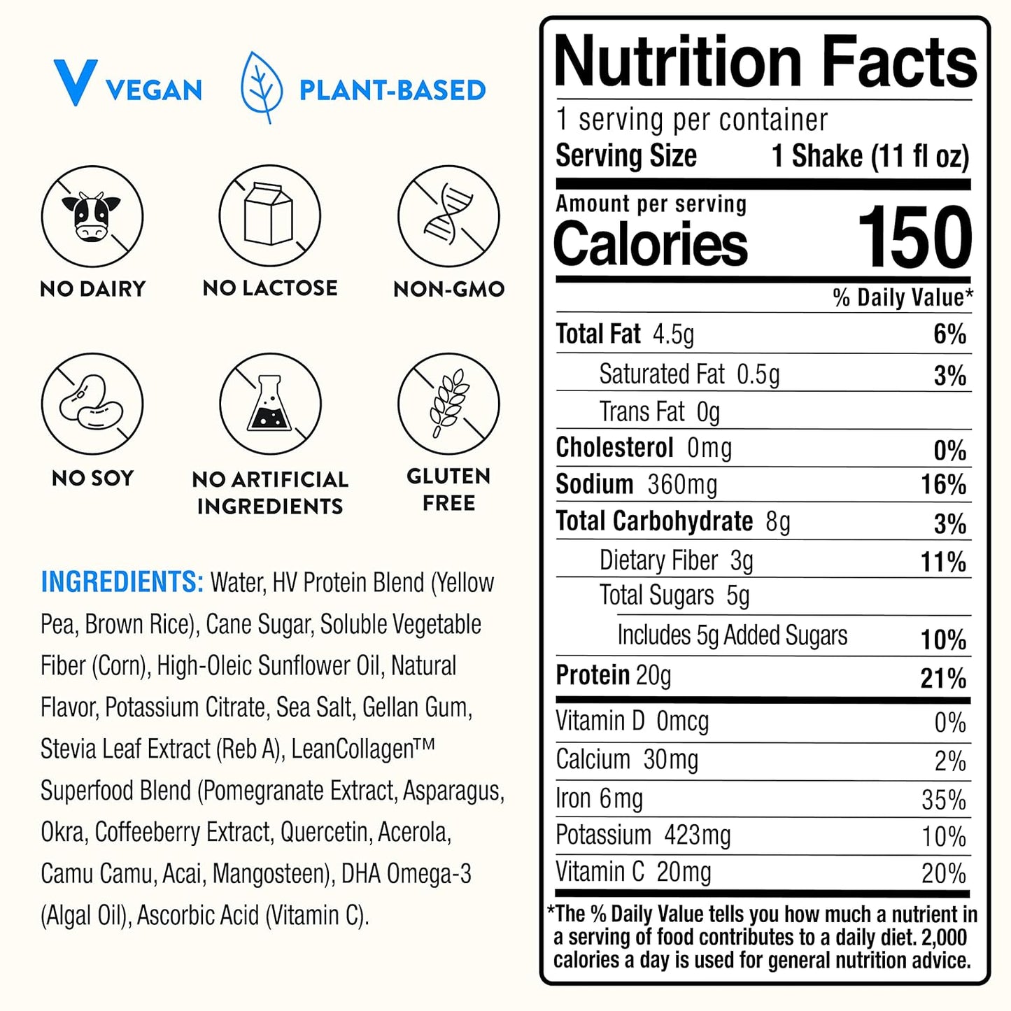 Happy Viking Vanilla Bean Vegan Plant Protein Shakes by Venus Williams - 20g Protein, Omega-3, 9 Amino Acids, BCAAs - Gluten-Free, Non-GMO, Ready to Drink - Pack of 12 (11oz)