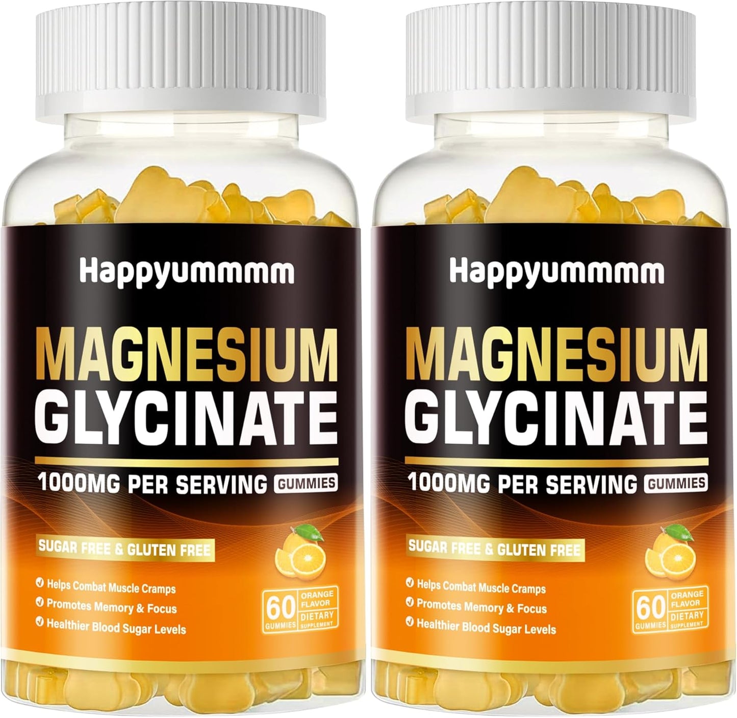 Happyummmm 1000mg Magnesium Glycinate Gummies - Sugar Free Supplement with Vitamin D, B6, CoQ10 for Calm Mood & Sleep Support - 120 Orange Gummies