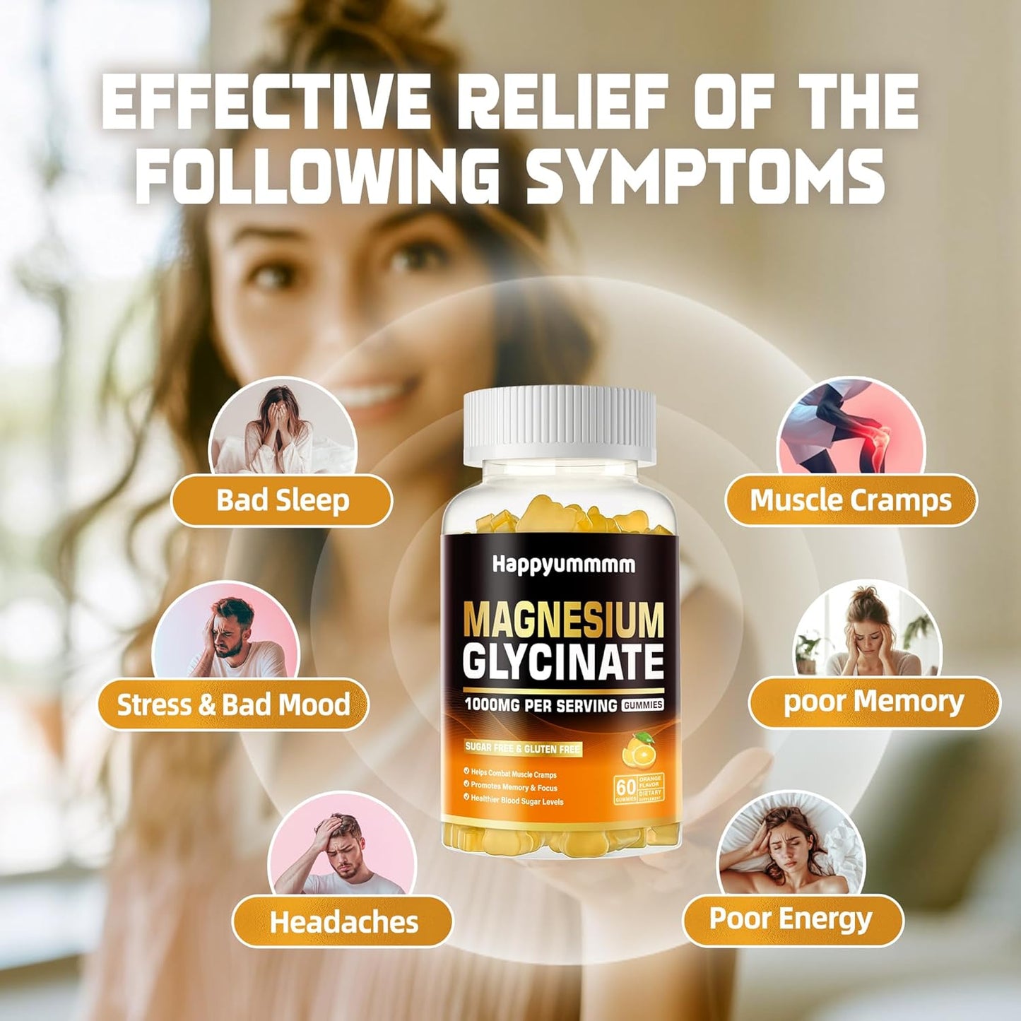 Happyummmm 1000mg Magnesium Glycinate Gummies - Sugar Free Supplement with Vitamin D, B6, CoQ10 for Calm Mood & Sleep Support - 120 Orange Gummies