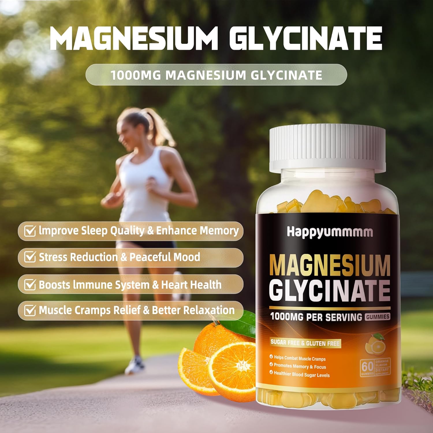 Happyummmm 1000mg Magnesium Glycinate Gummies - Sugar Free Supplement with Vitamin D, B6, CoQ10 for Calm Mood & Sleep Support - 120 Orange Gummies