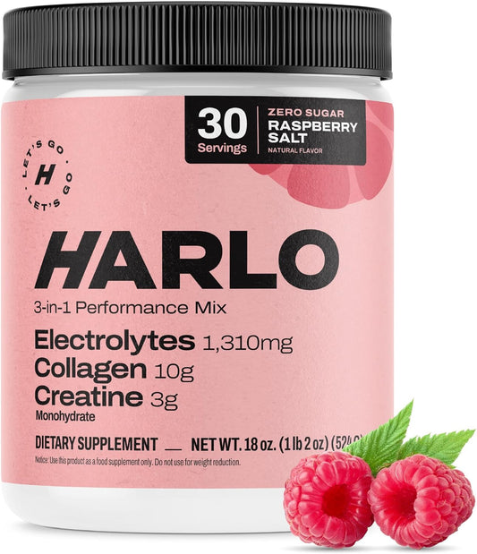 Harlo Raspberry Electrolyte Drink Mix with Collagen & Creatine - Energy Pre/Post Workout Powder