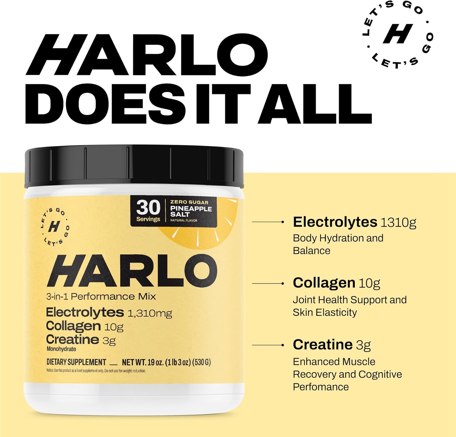 Harlo Raspberry Electrolyte Drink Mix with Collagen & Creatine - Energy Pre/Post Workout Powder