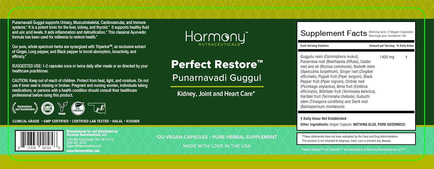 Harmony Nutraceuticals Punarnavadi Guggul Restore Capsules - 120 Vegan Dr. Gumman's Clinical Grade High Potency Formula