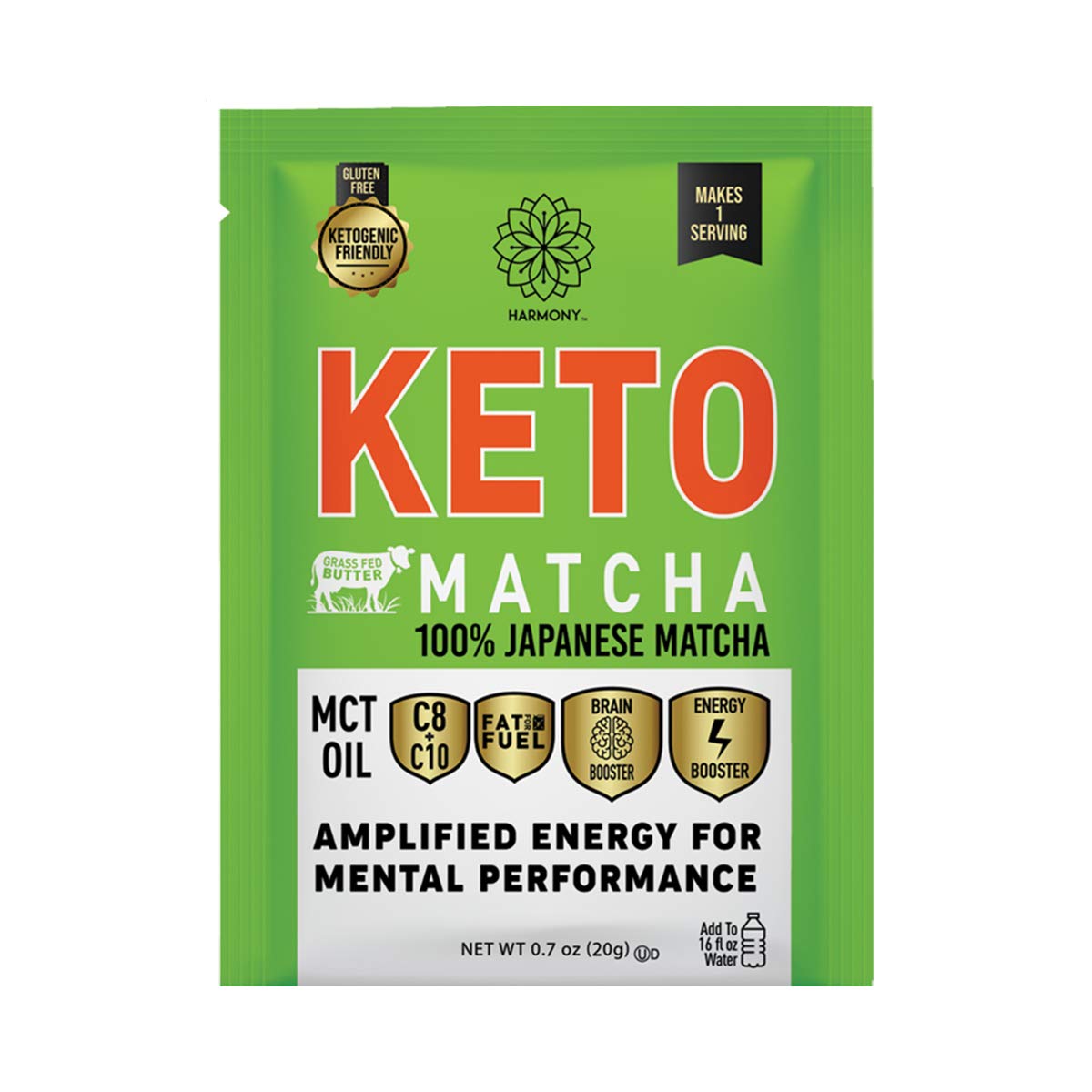 Harmony Proteins Keto Matcha Instant Drink Mix Packets - Pure Japanese Matcha for Energy and Mental Performance, 68mg Caffeine, 12 Pack