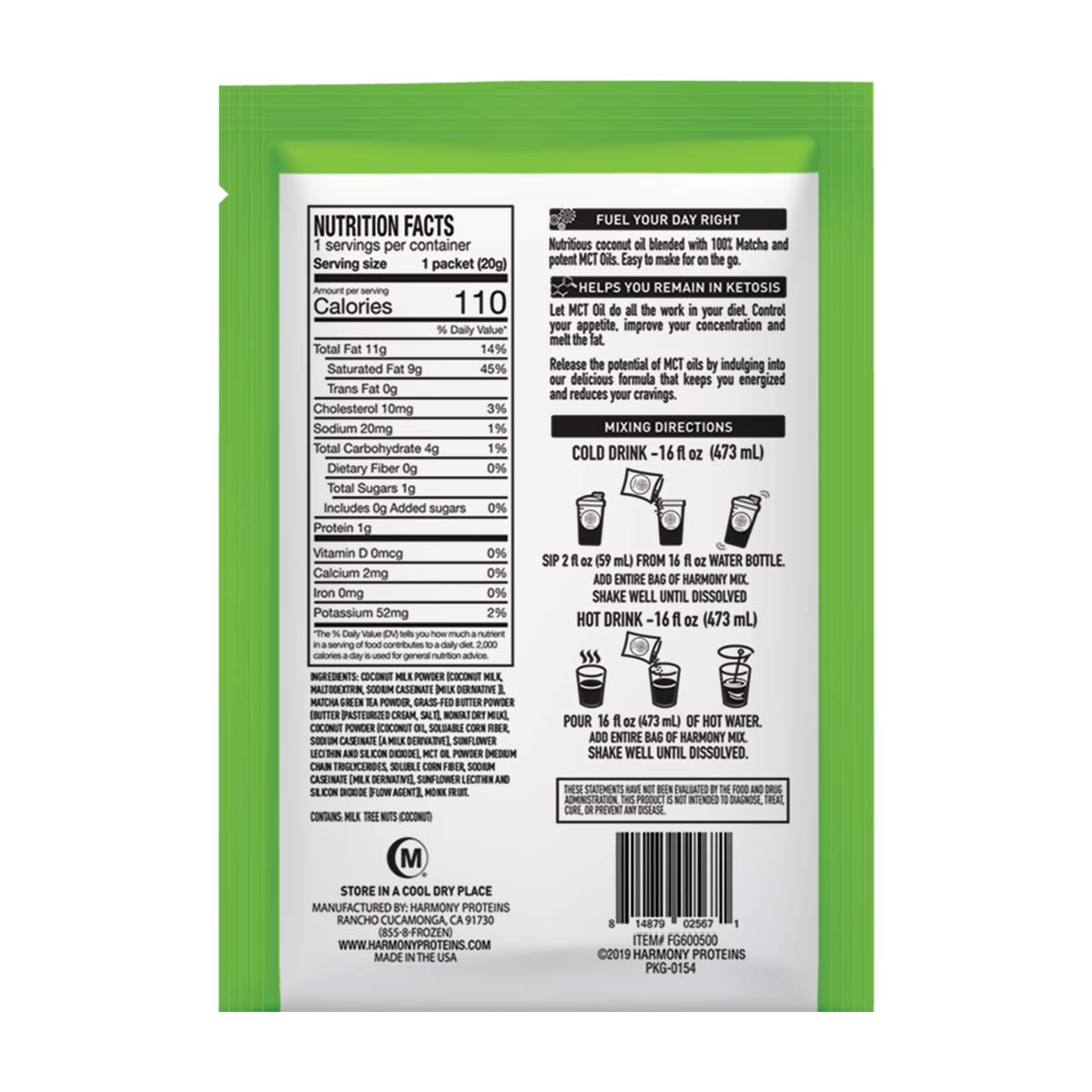 Harmony Proteins Keto Matcha Instant Drink Mix Packets - Pure Japanese Matcha for Energy and Mental Performance, 68mg Caffeine, 12 Pack