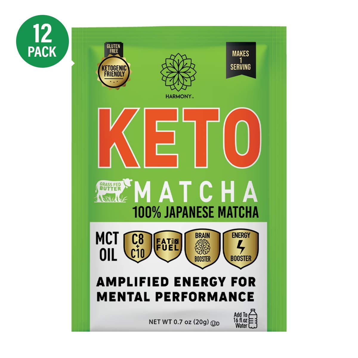 Harmony Proteins Keto Matcha Instant Drink Mix Packets - Pure Japanese Matcha for Energy and Mental Performance, 68mg Caffeine, 12 Pack