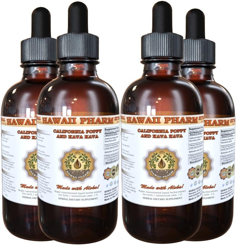 Hawaii Pharm Liquid Extract: California Poppy & Kava Kava Combo - 4x4 oz Bottle Pack
